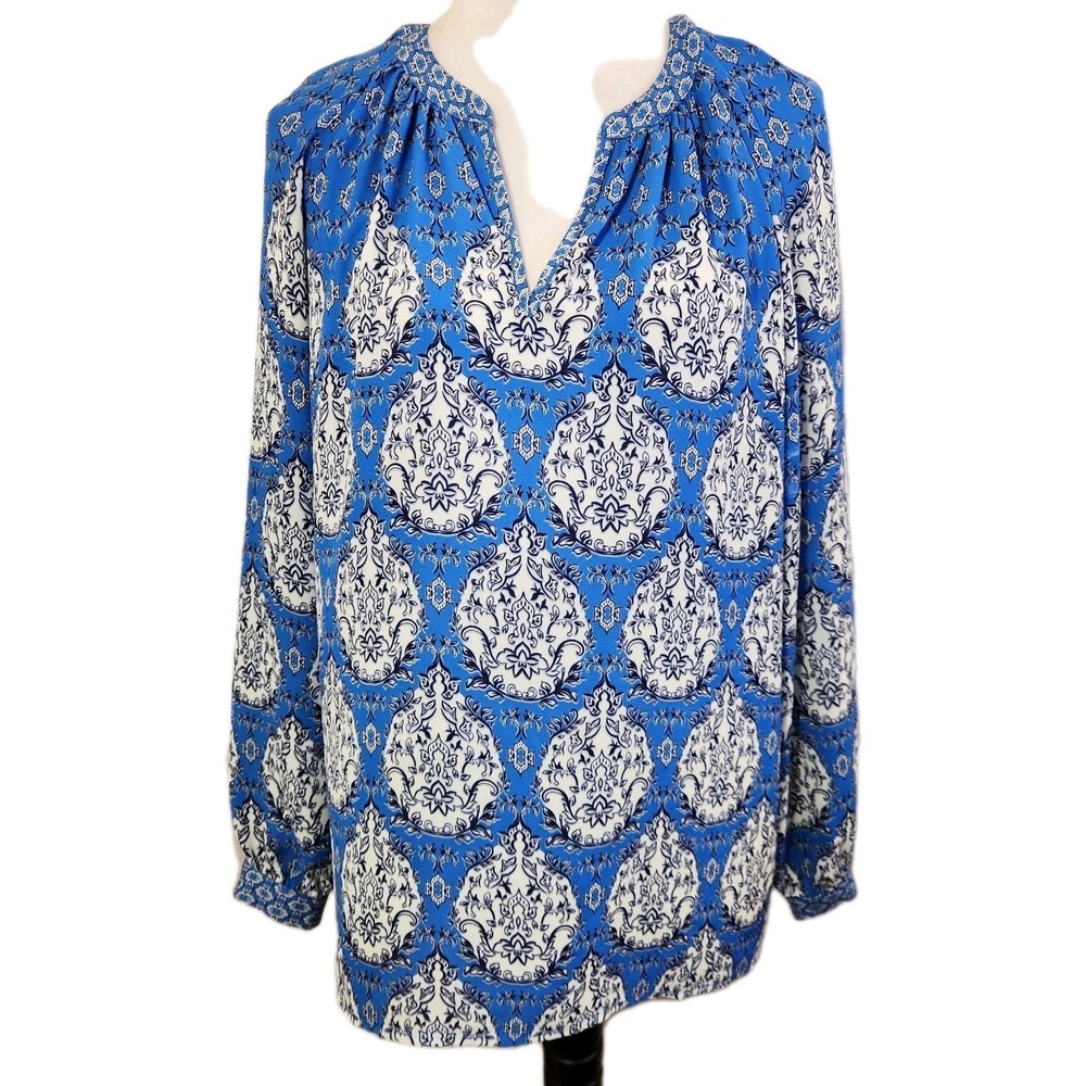 Rose + Olive Womens Tunic Top Size Large‎ Blue Geometric Romantic Flowy Blouse